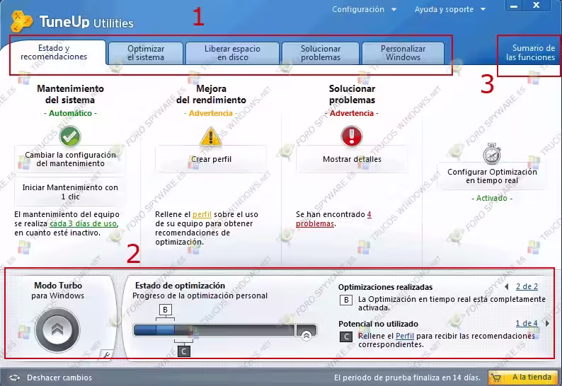 Ventana principal de TuneUp Utilities 2011 con las cinco categorías de herramientas