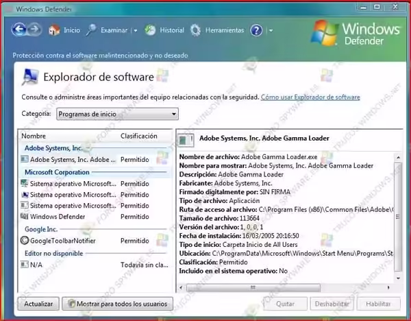 Windows Defender Programas inicio