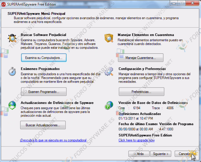 Ventana principal de una versión antigua de SUPERAntiSpyware con las opciones Examinar, Buscar actualizaciones, Manejar cuarentena y Preferencias