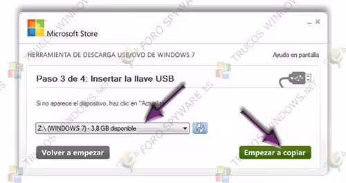 Microsoft Store Herramienta descarga USB paso 3 -Instalar Windows 7 desde USB
