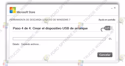Microsoft Store Herramienta descarga USB paso 4 - Instalar Windows 7 desde USB