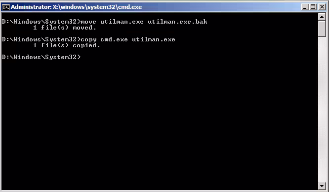 Comandos para sustituir Utilman por cmd.exe en el Símbolo del sistema