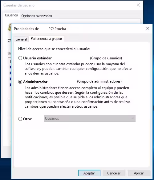 Pertenencia a grupos Pestaña Pertenencia a grupos para asignar permisos de administrador