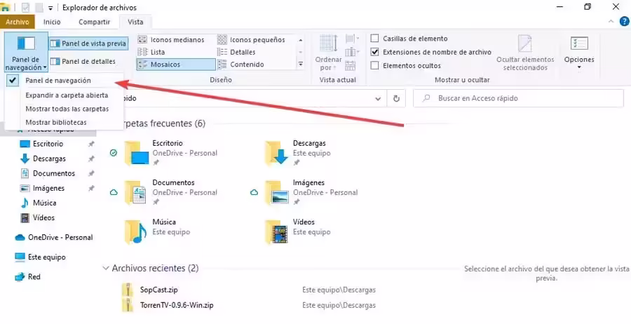 Panel de navegación Explorador