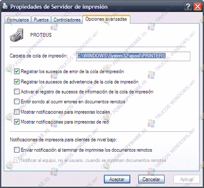 Propiedades servidor de impresión Opciones avanzadas