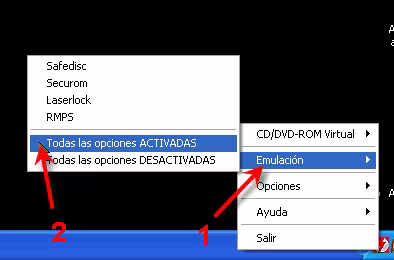 Menú Emulación de DAEMON Tools 4 con la opción Todas las opciones activadas