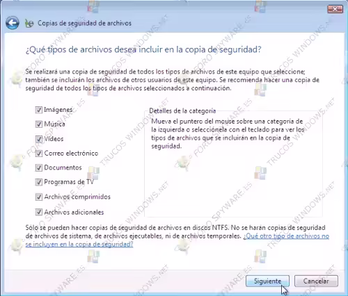 Copias de seguridad de Windows Vista seleccionar tipos de archivos incluir en la copia de seguridad