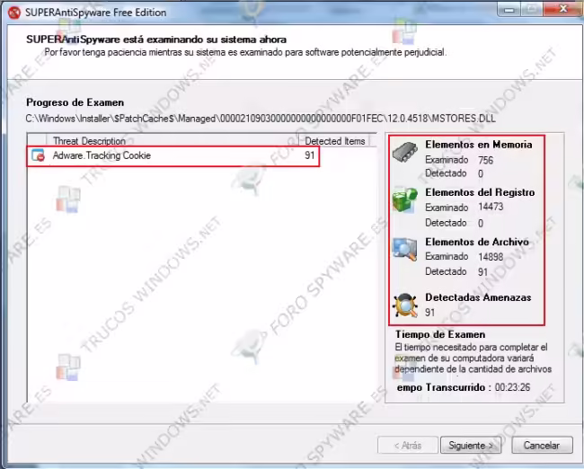 Análisis en curso de SUPERAntiSpyware con amenazas detectadas en memoria, registro y archivos
