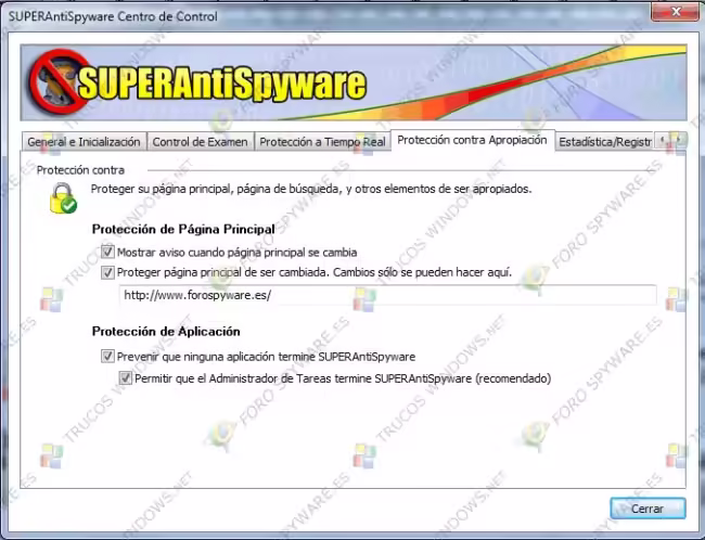 Pestaña de protección contra apropiación de la página de inicio en las preferencias de SUPERAntiSpyware
