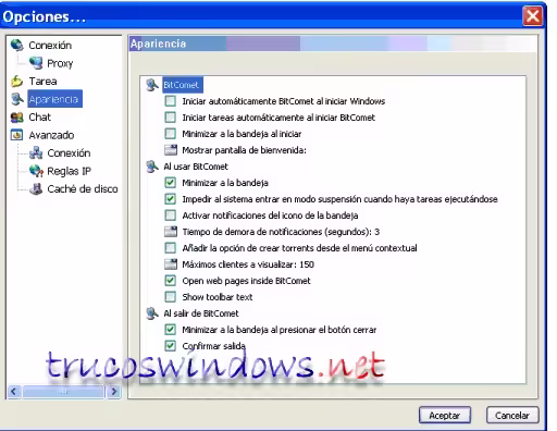 Apariencia BitComet - Configurar BitComet