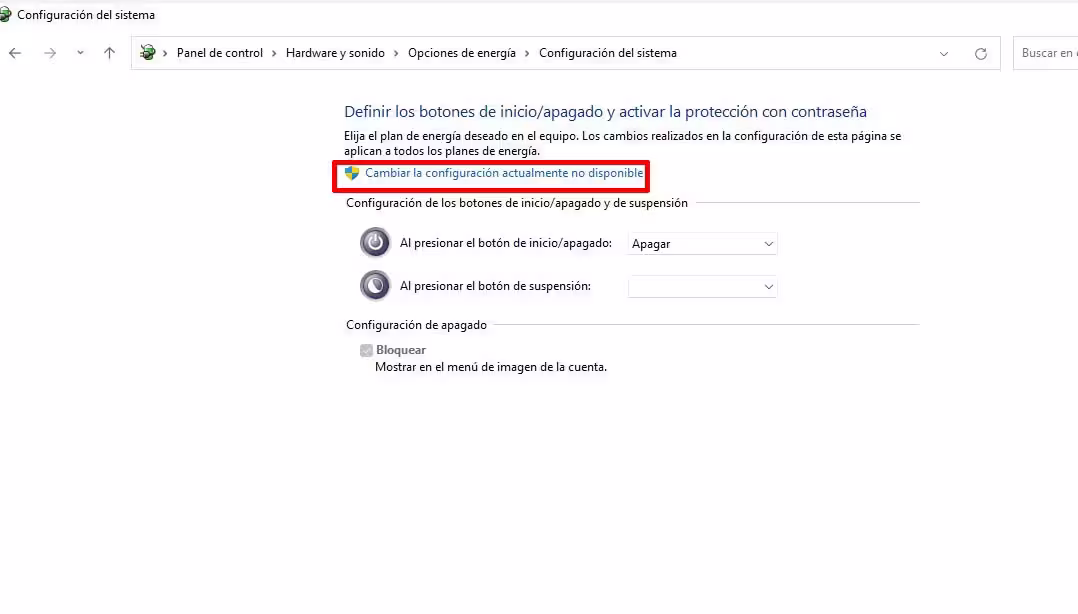 Configuración de apagado de Windows 11 con la casilla Hibernar