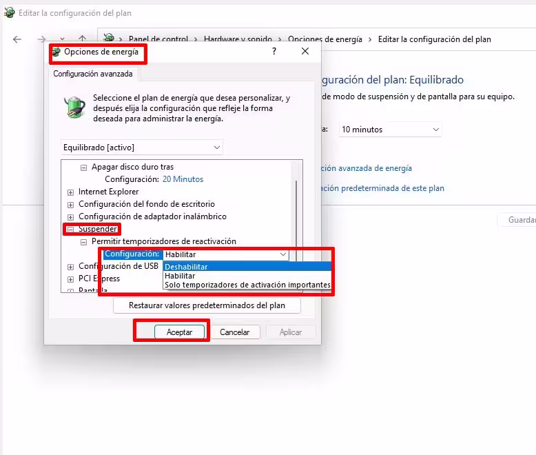 Configuración avanzada de Opciones de energía con la opción Permitir suspensión híbrida