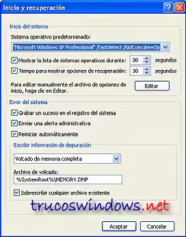 Configurar proteccion de memoria Windows XP SP2 Figura 8 Configuración de Inicio y recuperación