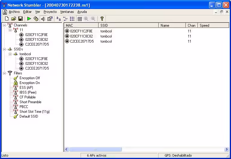 Pantalla principal de NetStumbler Pantalla principal de NetStumbler con la lista de redes detectadas