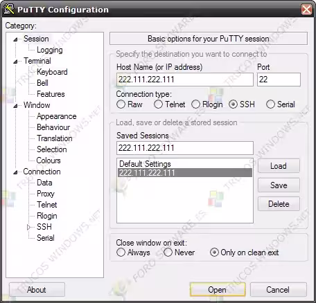 Manual PuTTY Lista de sesiones guardadas en PuTTY con una sesión seleccionada