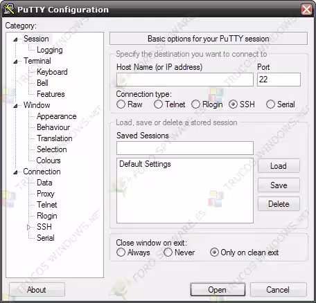 Manual PuTTY Pantalla de sesión de PuTTY con los campos Host Name, Port y Connection Type