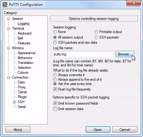 Manual PuTTY Opciones de registro de sesión en la categoría Logging de PuTTY