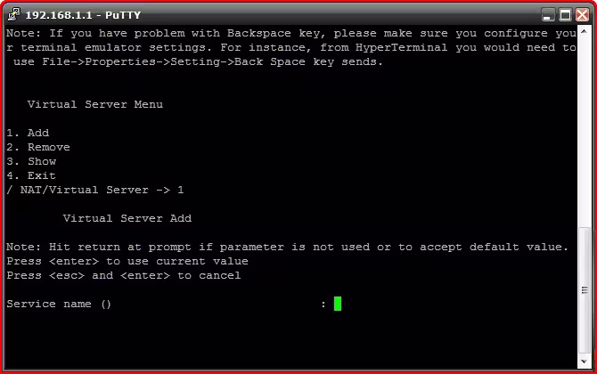 Manual PuTTY Terminal de PuTTY con el menú Virtual Server Menu