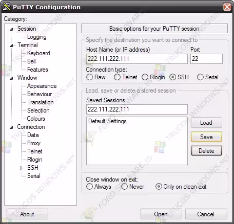 Manual PuTTY Campo Saved Sessions con el nombre de la sesión antes de guardarla