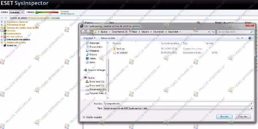 ESET SysInspector Guardar log SysInspector