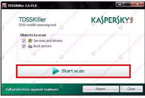 Ventana principal de TDSSKiller con los botones Change parameters y Start scan