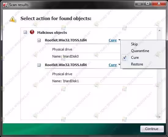TDSSKiller con amenazas detectadas y la lista desplegable de acciones para cada objeto