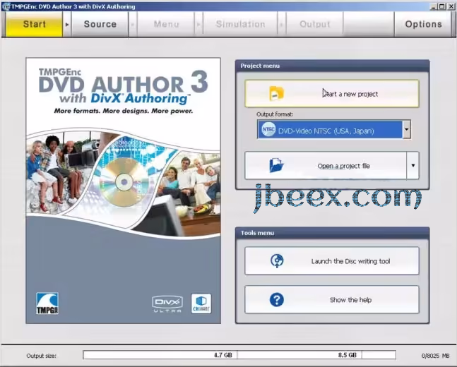 Pantalla inicial de TMPGEnc DVD Author para crear un proyecto NTSC o PAL