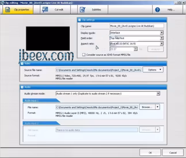 Ventana de información de un vídeo añadido a una pista en TMPGEnc DVD Author
