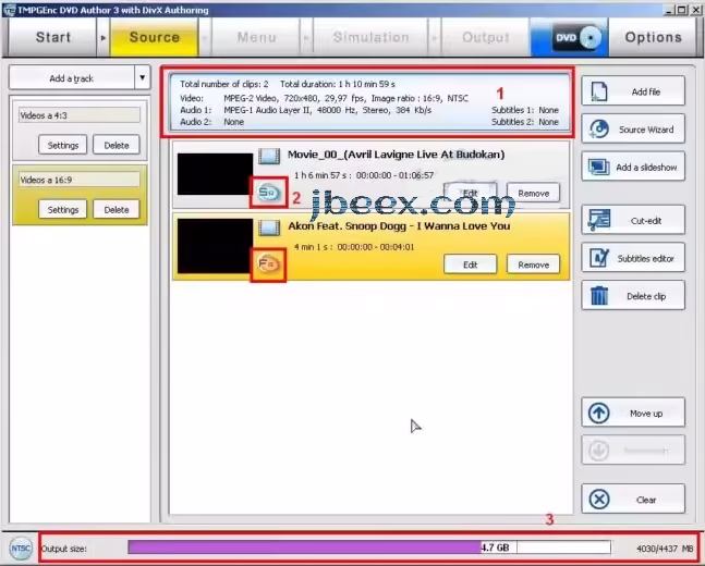 Pistas de TMPGEnc DVD Author con la descripción, los símbolos SR y FR y la barra de tamaño