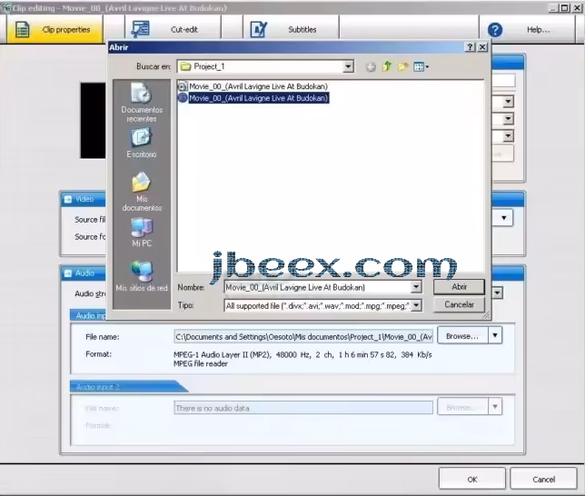 Propiedades del clip en TMPGEnc DVD Author para añadir la pista de audio