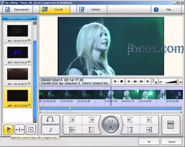 Ventana Cut-Edit de TMPGEnc DVD Author con la lista de capítulos