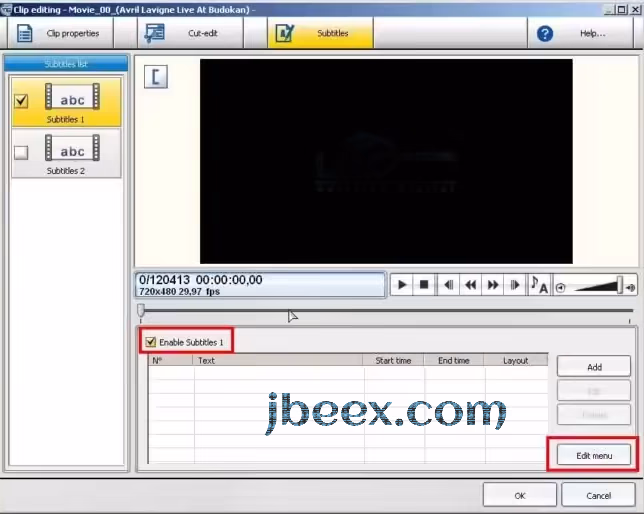 Subtitles Editor > Enable Subtitles 1 >Edit menu > Import Subtitles