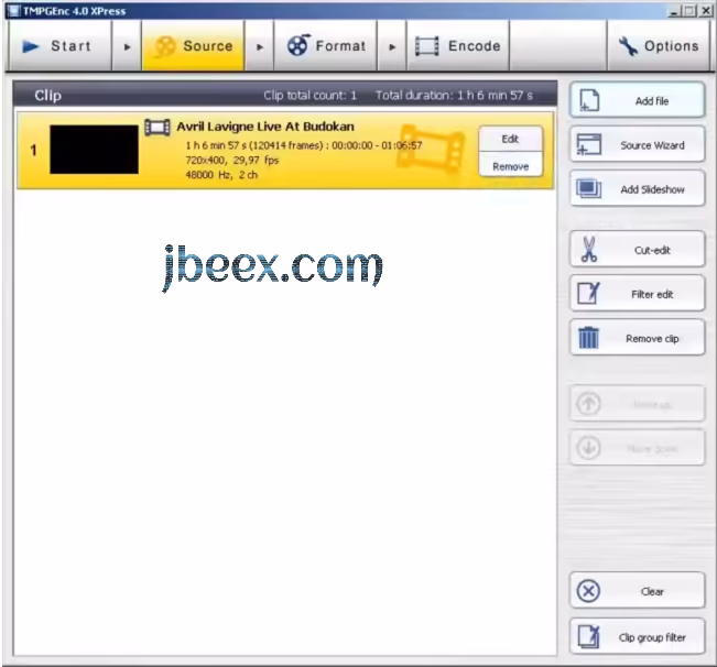 Ventana de propiedades del vídeo importado en TMPGEnc