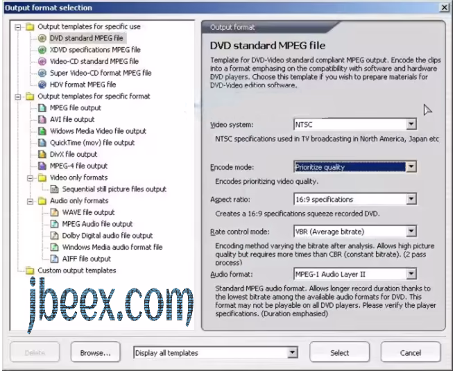 Sección Format de TMPGEnc con DVD Standard MPEG file, VBR y formato de audio