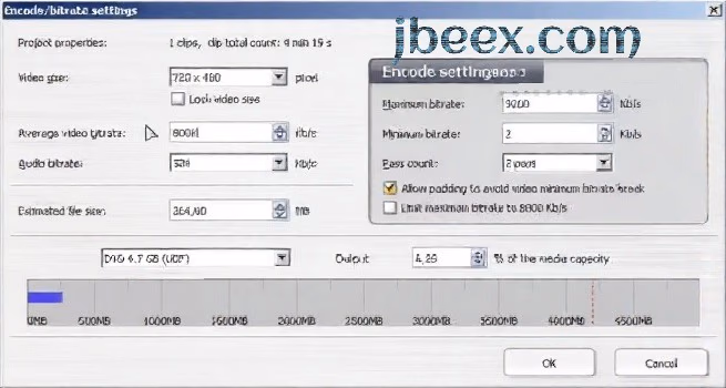 Opciones de bitrate de vídeo y audio y codificación en dos pasadas en TMPGEnc