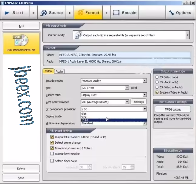 Opciones avanzadas de codificación de TMPGEnc con DC Component Precision