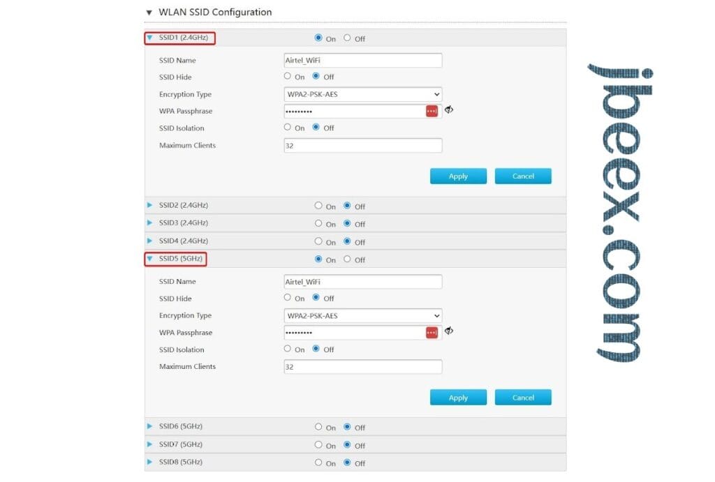 Imagen de la pantalla de configuración de la banda 5 GHz con opciones de ancho de canal y seguridad WPA3 Router WiFi 7 Zte F6705