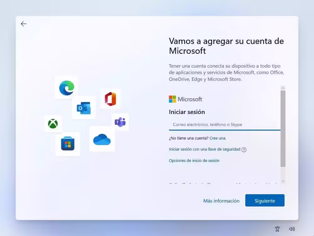 Vamos agregar su cuenta Microsoft Pantalla de Windows 11 pidiendo agregar una cuenta de Microsoft durante la instalación