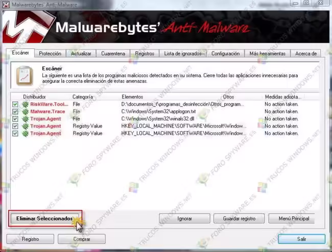 Resultados del análisis en Malwarebytes 1.x Resultados del análisis con el botón Eliminar seleccionados en Malwarebytes Anti-Malware 1.x