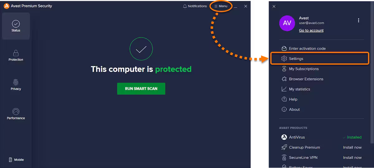 Configuración de Avast Menú de Avast Free Antivirus con la opción Configuración