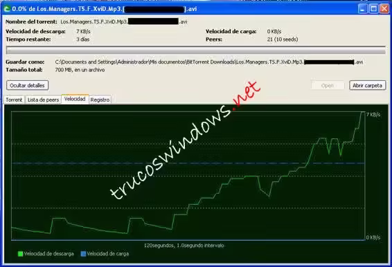 Descarga en curso en BitTorrent 5 con el número de seeds y peers