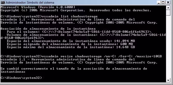 Mensaje de confirmación de vssadmin al cambiar el espacio de instantáneas en Windows Vista