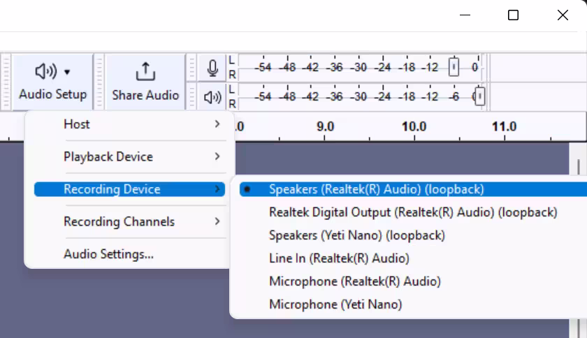 Audacity: elegir el dispositivo loopback Seleccionar el dispositivo marcado como (loopback) para grabar el sonido del sistema