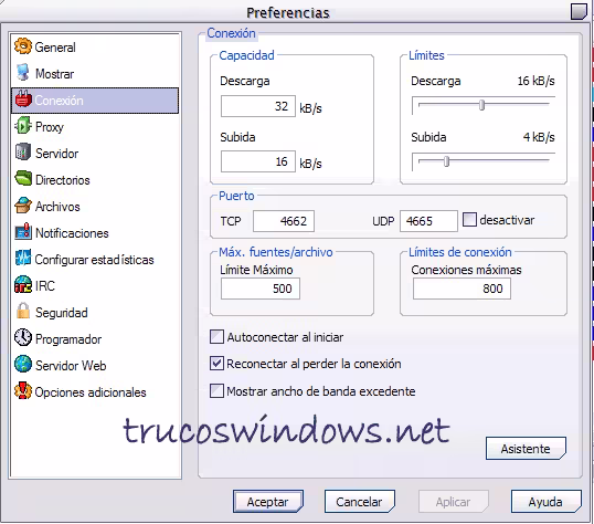 Preferencias de conexión de eMule
