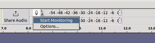 Audacity: iniciar monitorización Iniciar monitorización del nivel de grabación en Audacity