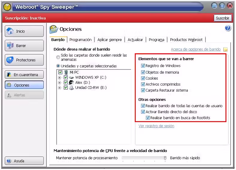 Opciones de barrido de Spy Sweeper con todas las casillas activadas