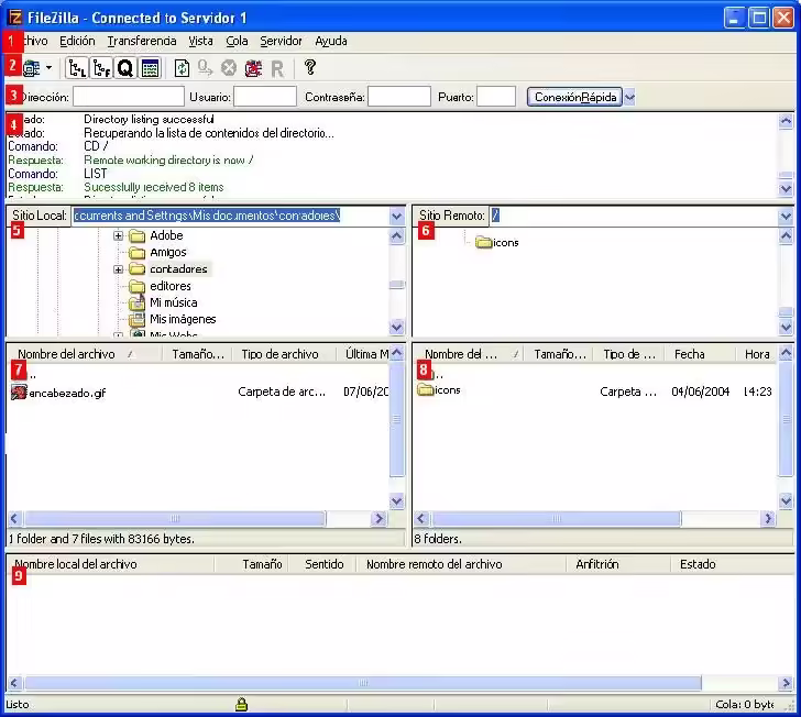 La ventana de FileZilla Ventana de FileZilla con sus zonas numeradas: menú, barra de herramientas, conexión rápida, registro, exploradores local y remoto y cola
