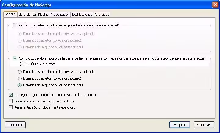 Configurar NoScript pestaña General