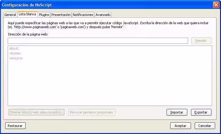 Configurar NoScript pestaña Lista Blanca