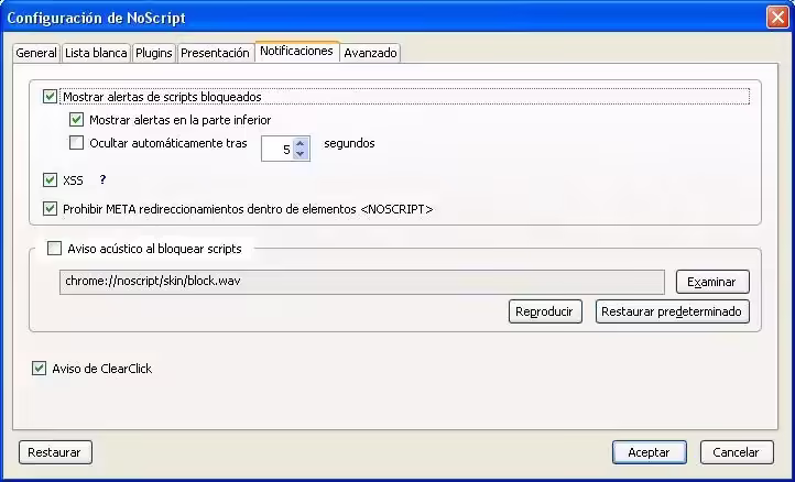 Configurar NoScript pestaña Notificaciones